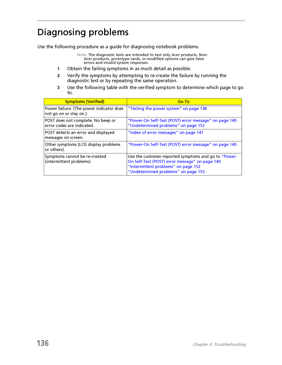 Acer 7730 manual Diagnosing problems, 136 