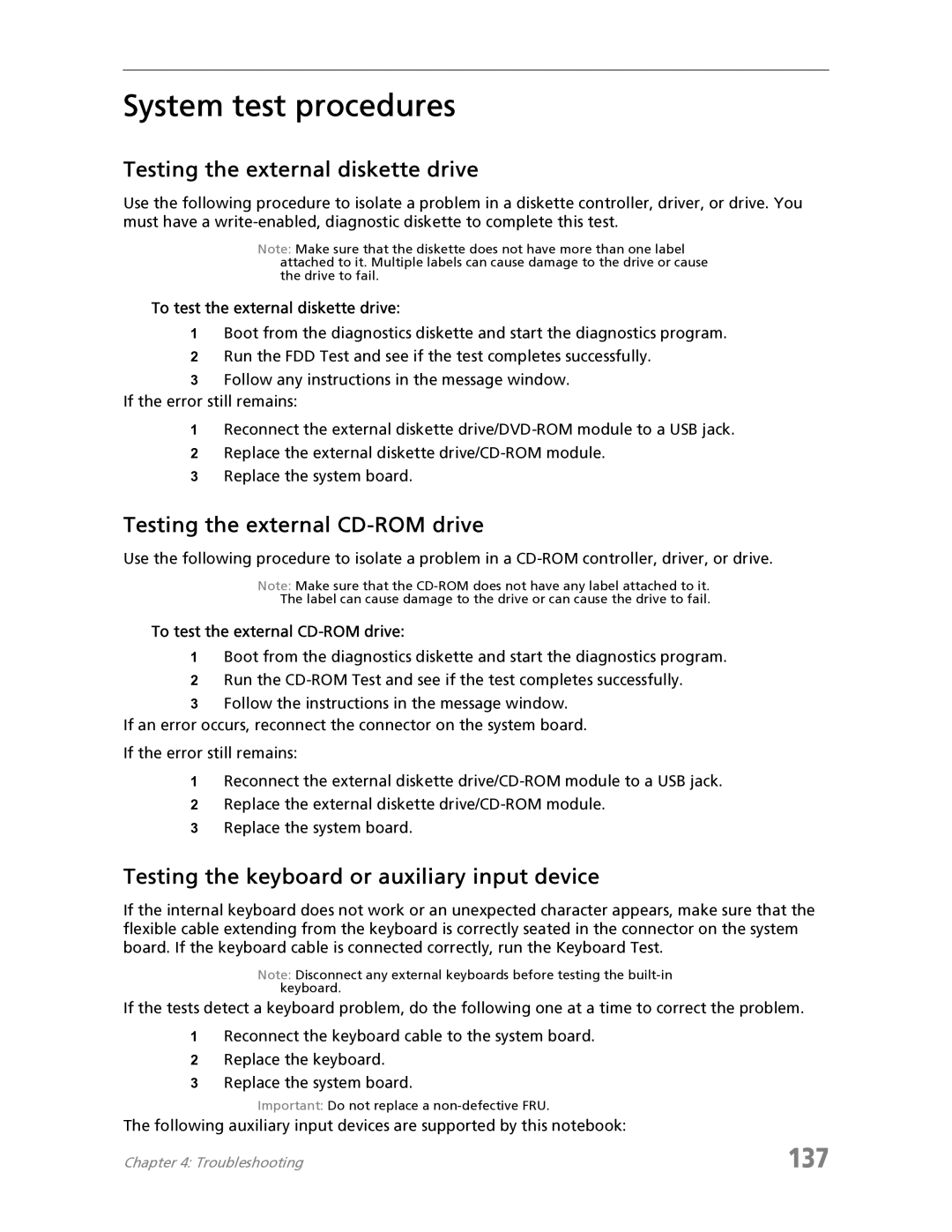 Acer 7730 manual System test procedures, 137, Testing the external diskette drive, Testing the external CD-ROM drive 