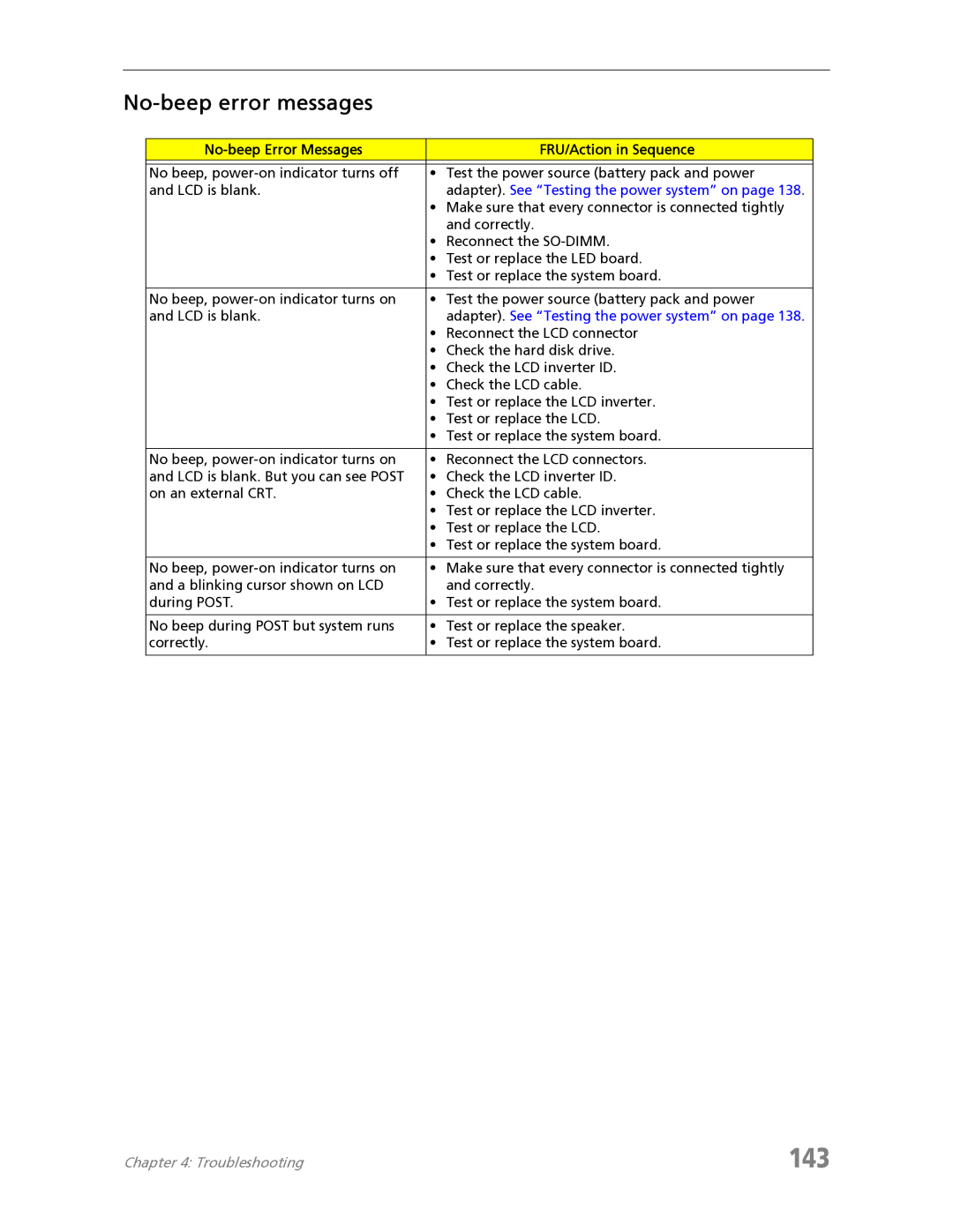 Acer 7730 manual 143, No-beep error messages, No-beep Error Messages FRU/Action in Sequence 
