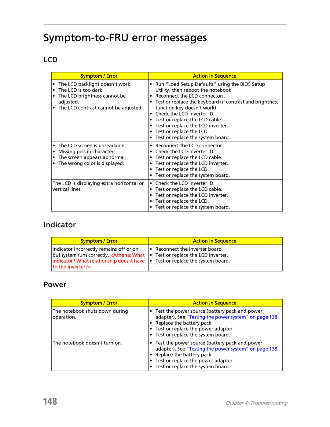 Acer 7730 manual Symptom-to-FRU error messages, 148, Indicator, Power, Symptom / Error Action in Sequence 