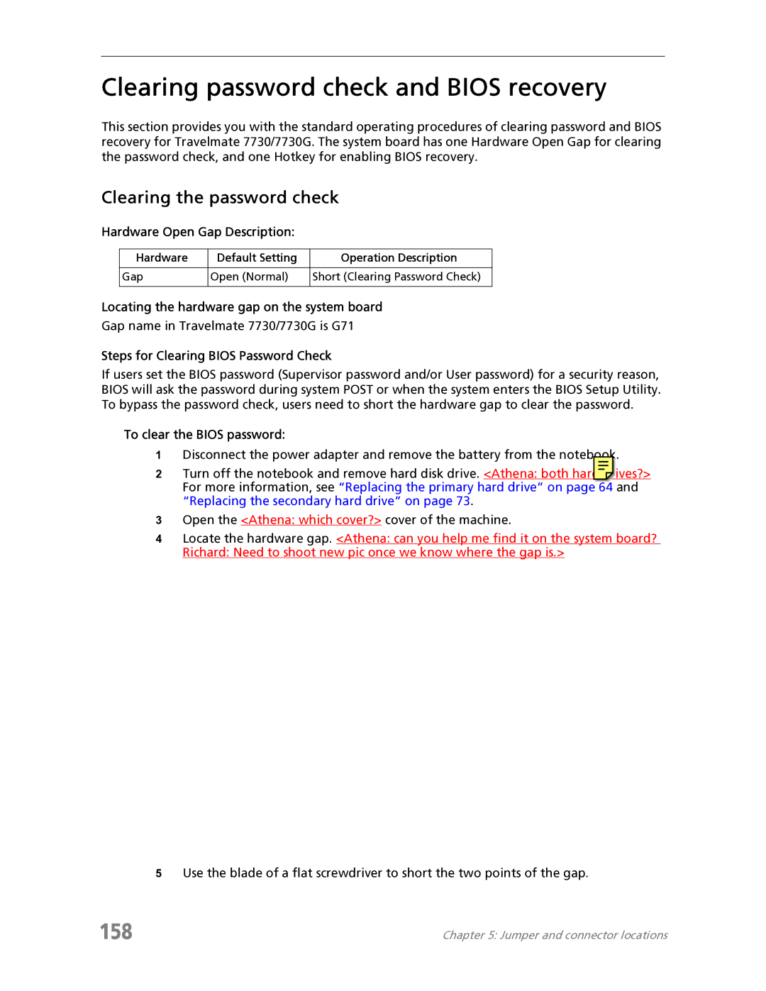 Acer 7730 manual Clearing password check and Bios recovery, 158, Clearing the password check 