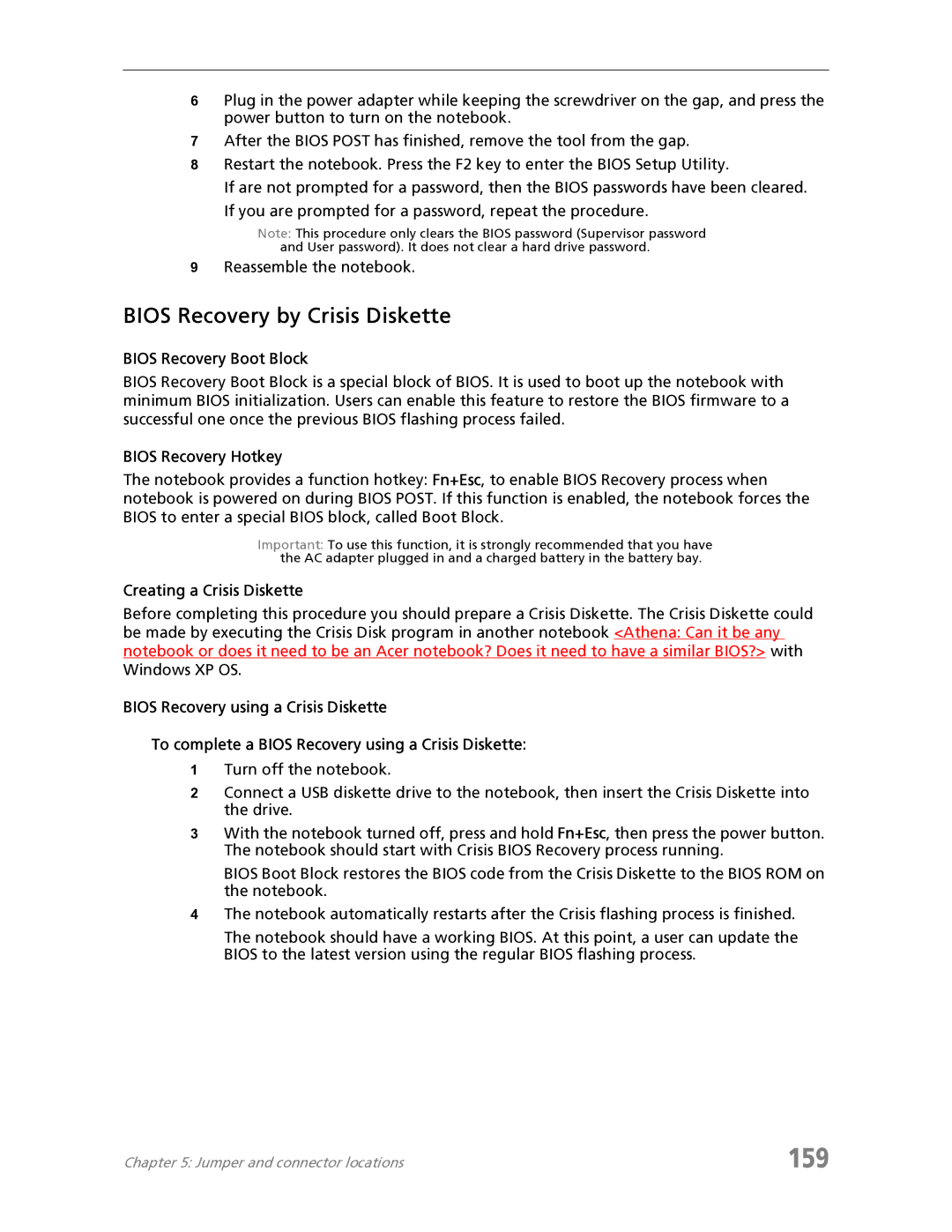 Acer 7730 manual 159, Bios Recovery by Crisis Diskette, Bios Recovery Boot Block, Bios Recovery Hotkey 