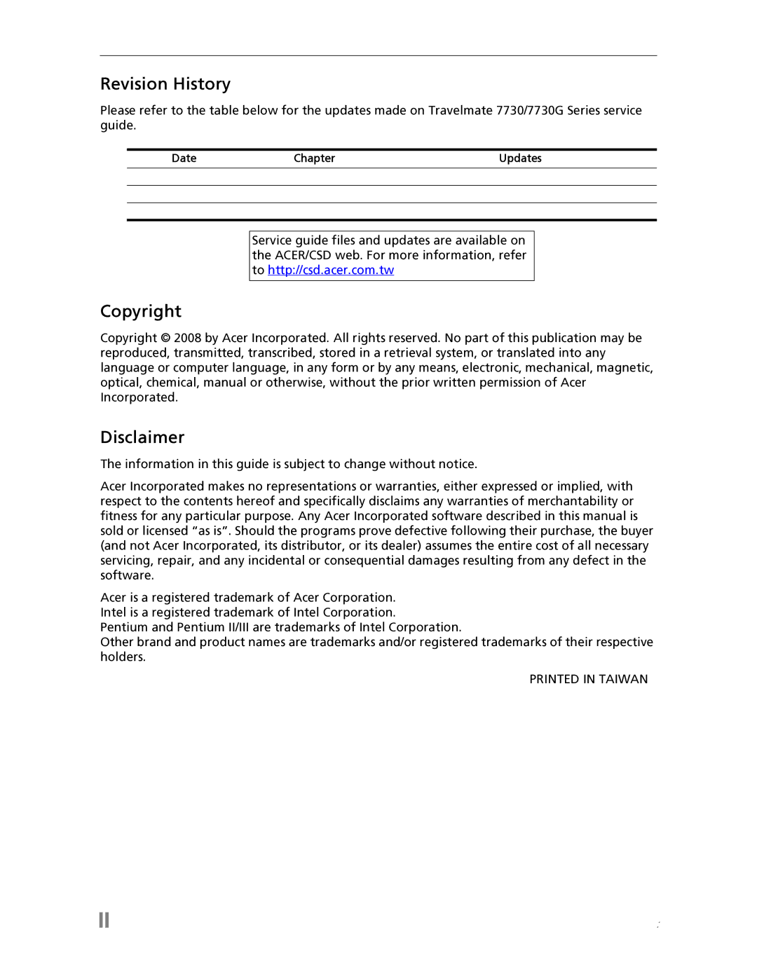 Acer 7730 manual Revision History, Copyright, Disclaimer, Date Chapter Updates 