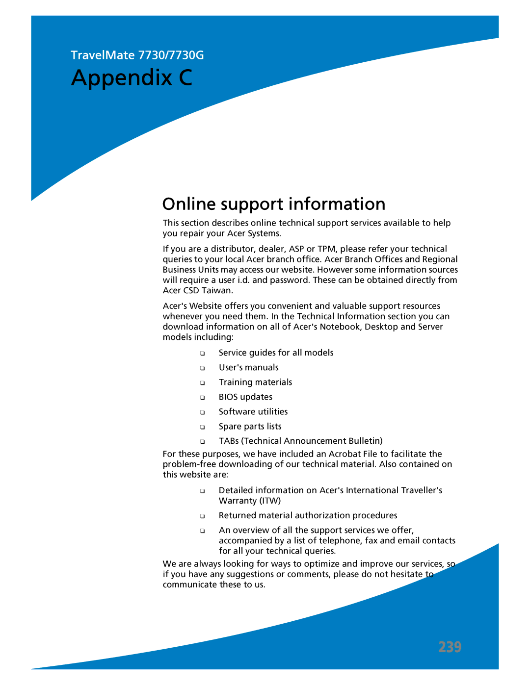 Acer 7730 manual Appendix C, Online support information 