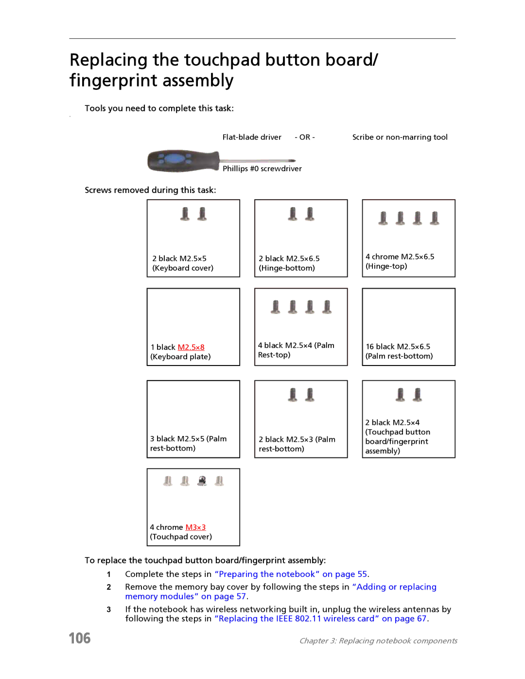 Acer 7730A manual Replacing the touchpad button board/ fingerprint assembly, 106 