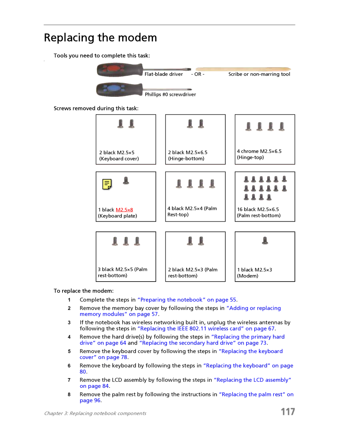 Acer 7730A manual Replacing the modem, 117, To replace the modem 