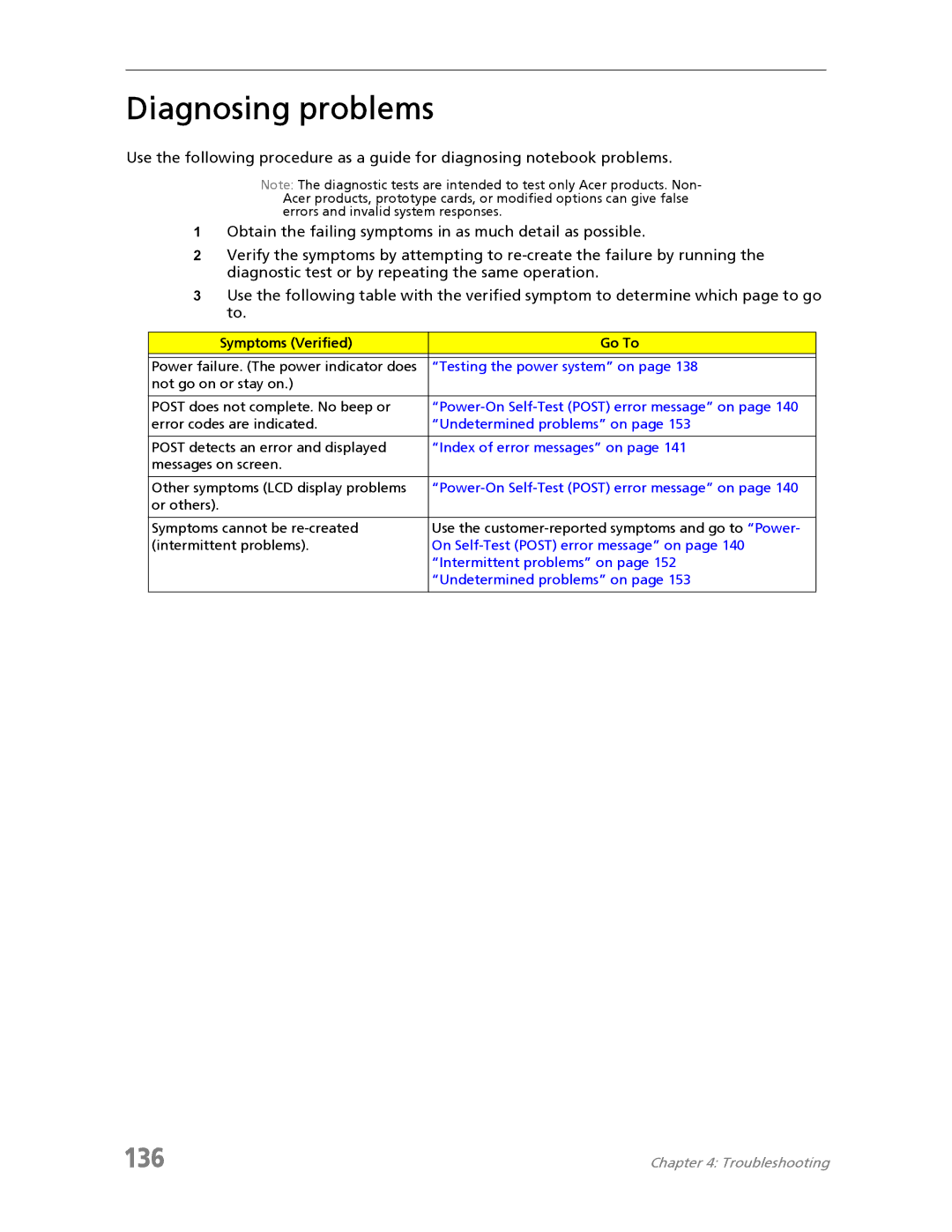 Acer 7730A manual Diagnosing problems, 136 