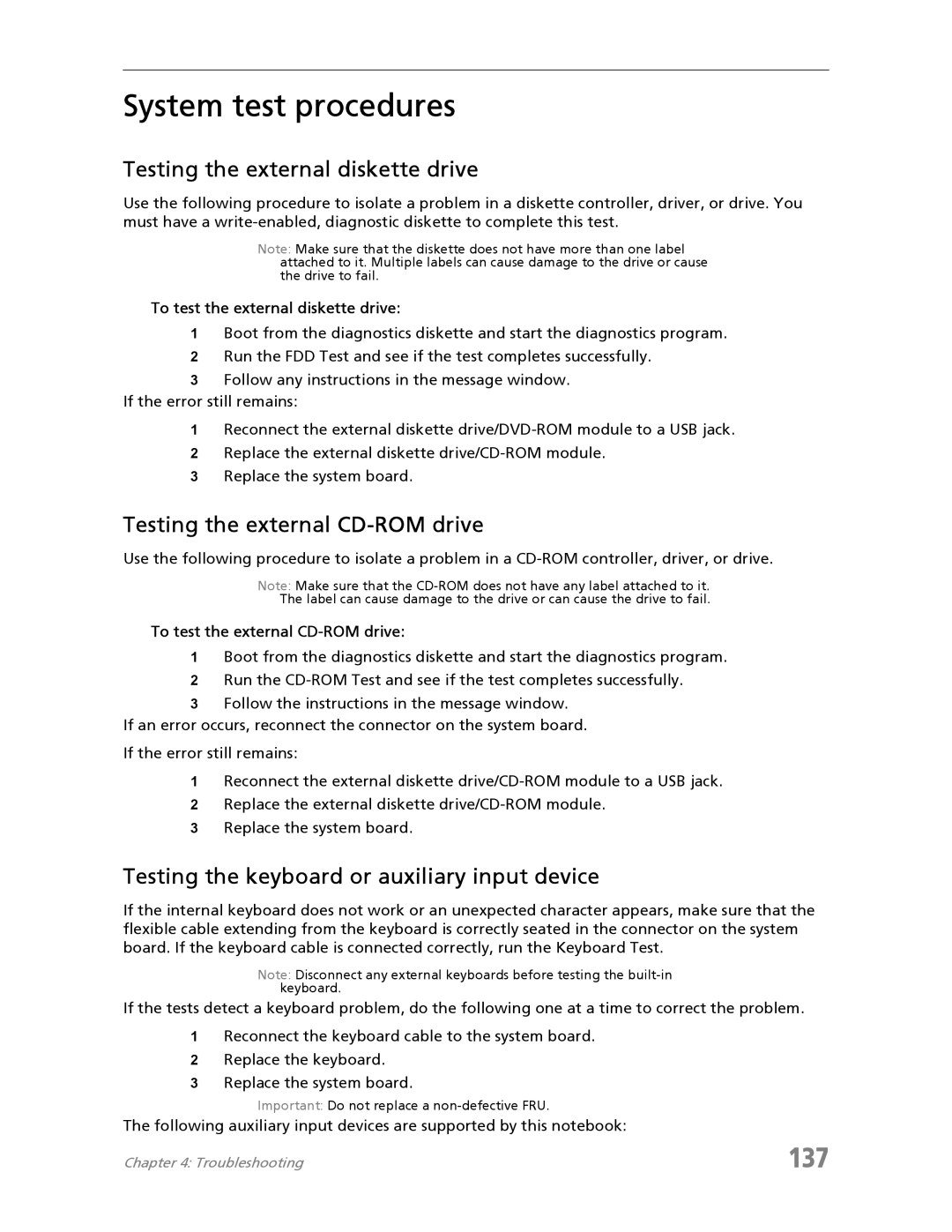 Acer 7730A manual System test procedures, 137, Testing the external diskette drive, Testing the external CD-ROM drive 