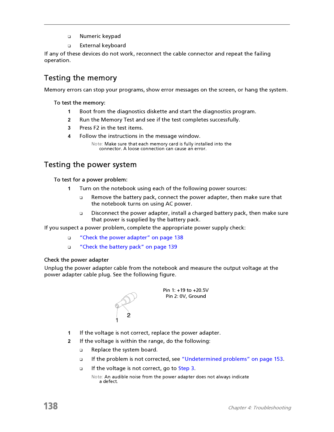 Acer 7730A manual 138, Testing the memory, Testing the power system 