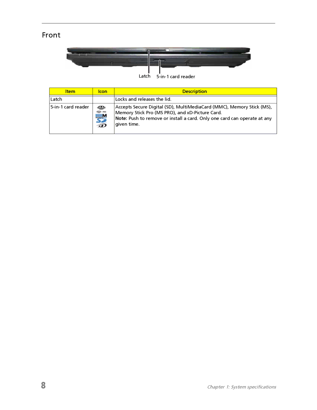 Acer 7730A manual Front, Icon Description 