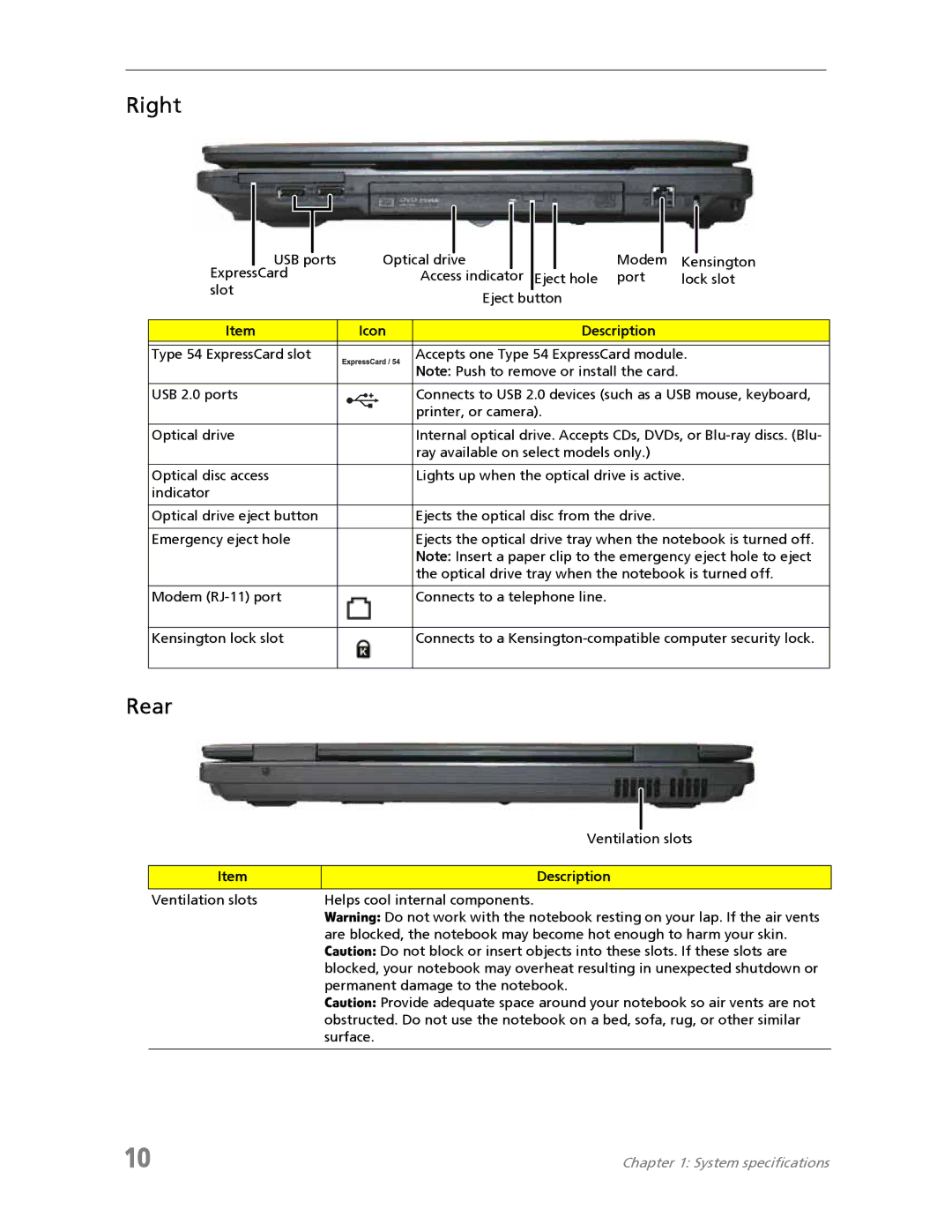 Acer 7730A manual Right, Rear 