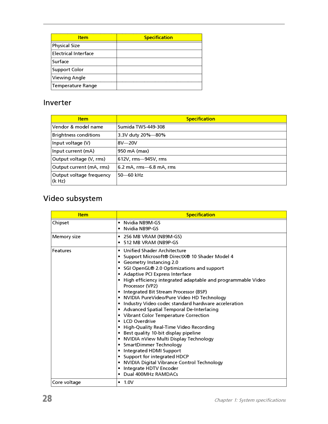 Acer 7730A manual Inverter, Video subsystem 