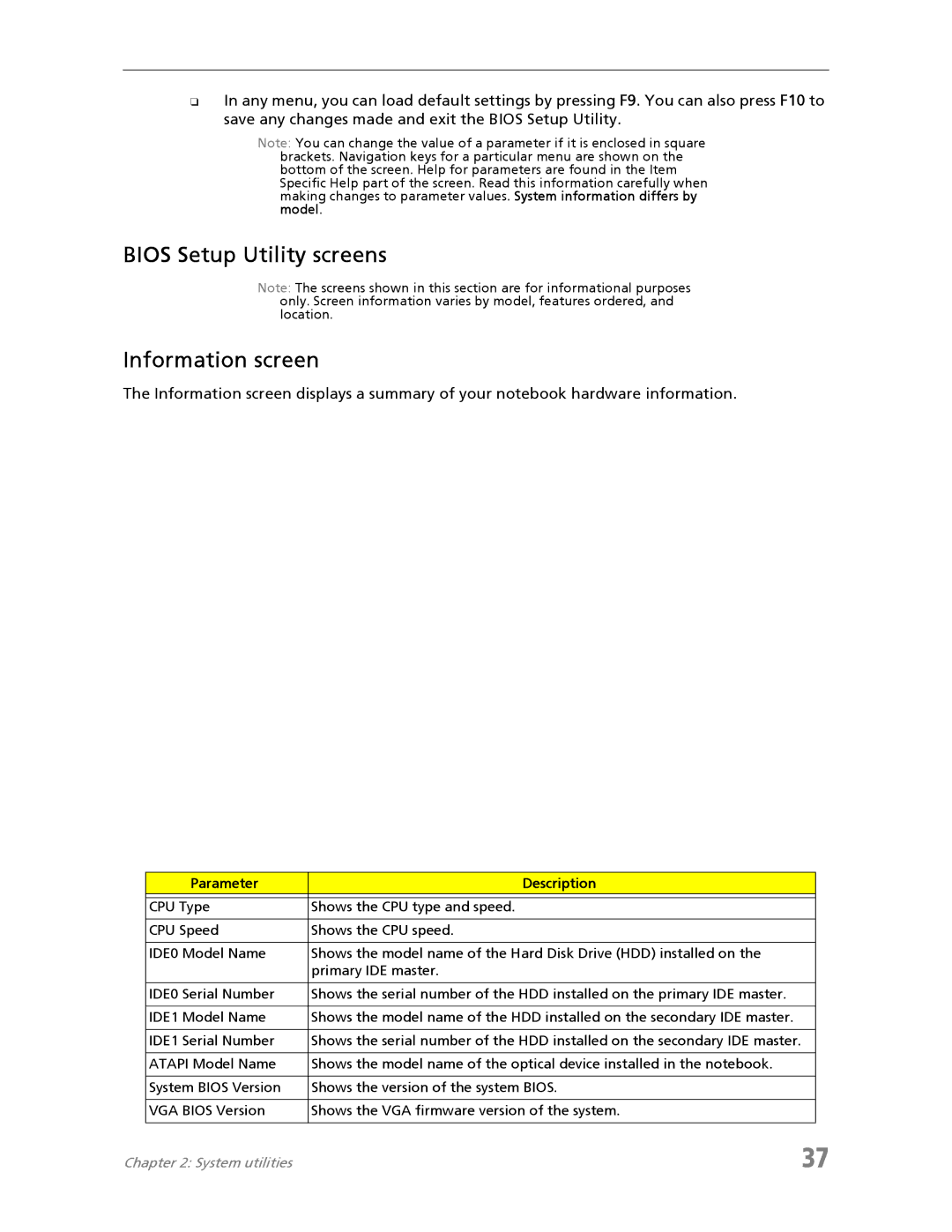 Acer 7730A manual Bios Setup Utility screens Information screen, Parameter Description 