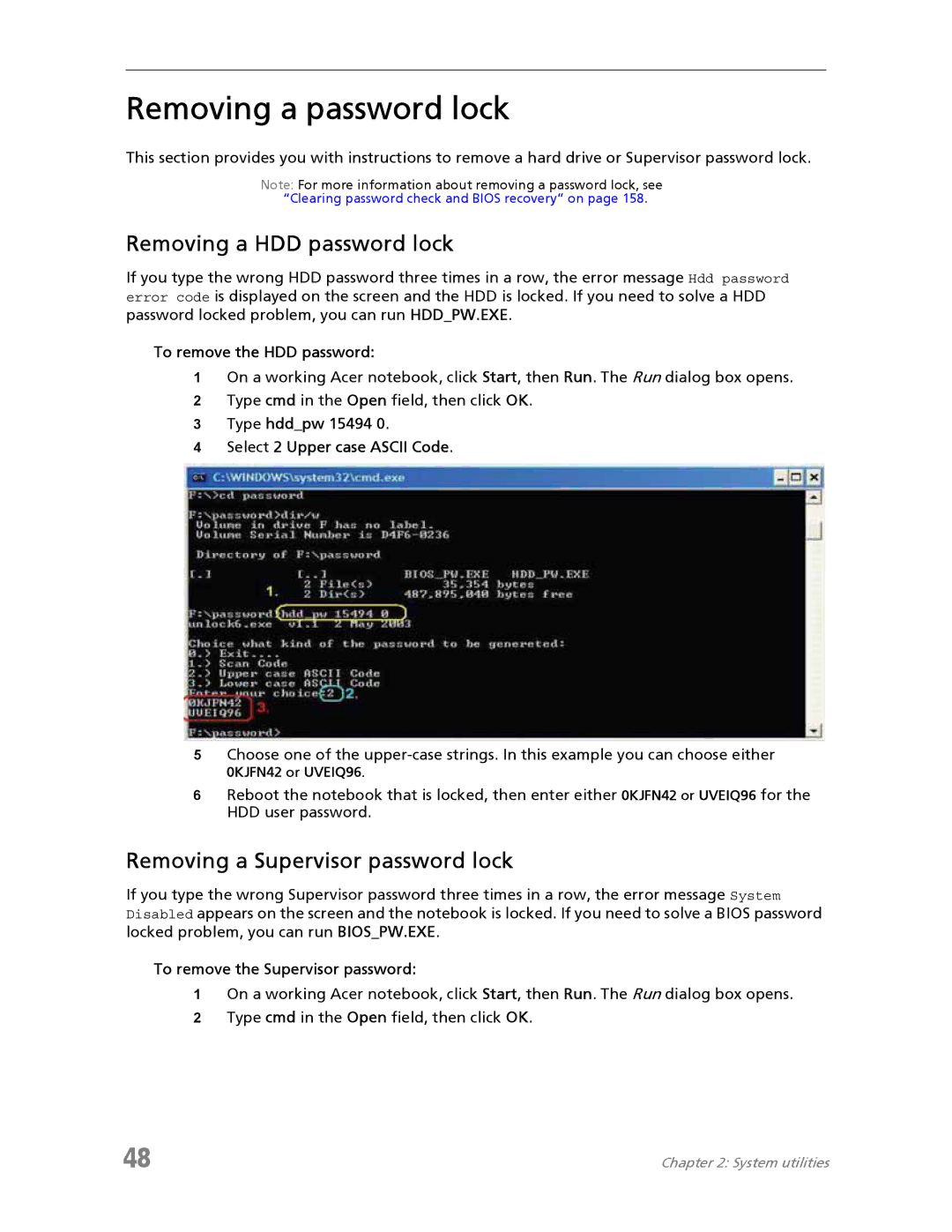 Acer 7730A manual Removing a password lock, Removing a HDD password lock, Removing a Supervisor password lock 