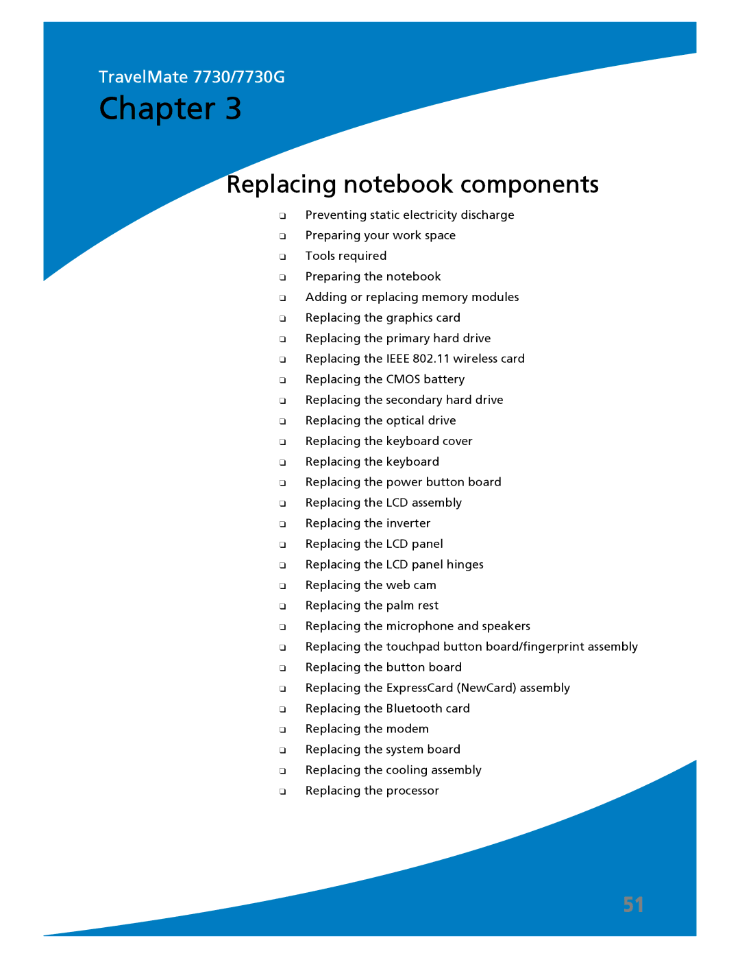 Acer 7730A manual Replacing notebook components 