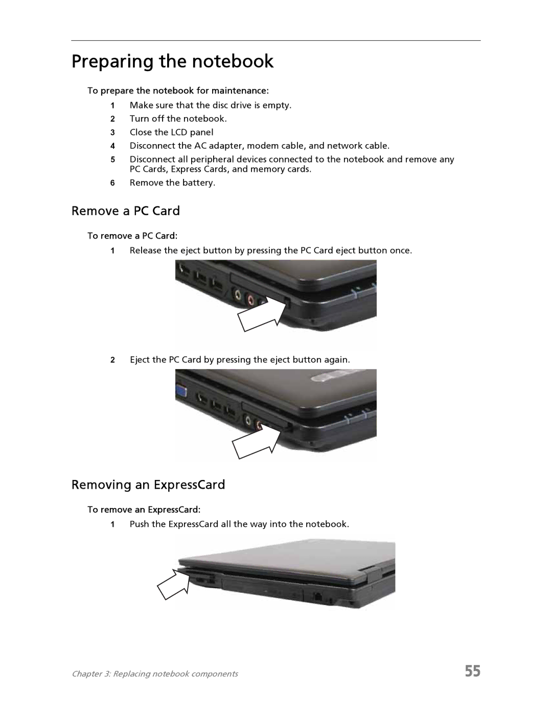 Acer 7730A manual Preparing the notebook, Remove a PC Card, Removing an ExpressCard 