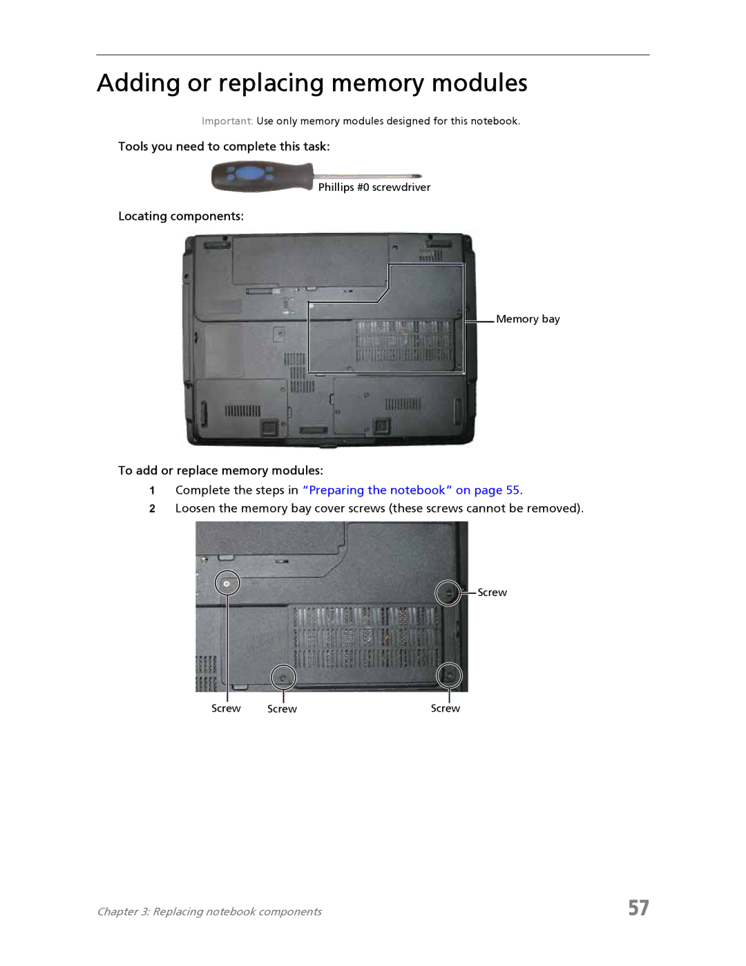 Acer 7730A manual Adding or replacing memory modules, Tools you need to complete this task, Locating components 