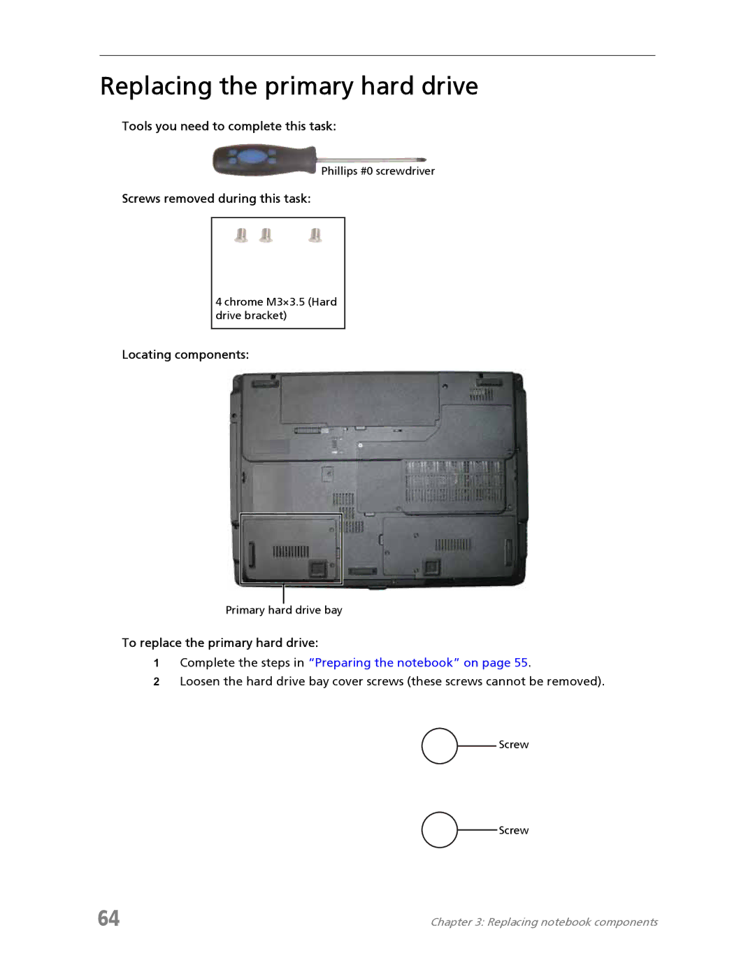 Acer 7730A manual Replacing the primary hard drive, To replace the primary hard drive 