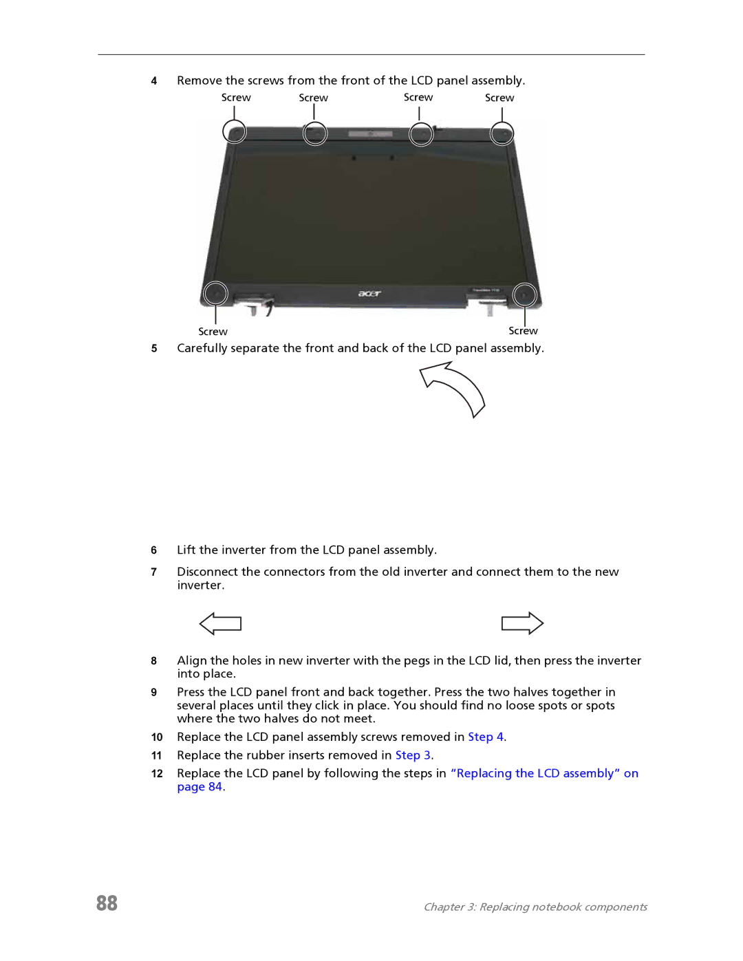 Acer 7730A manual Remove the screws from the front of the LCD panel assembly 