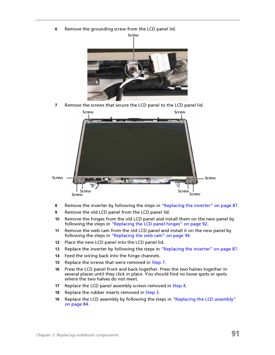 Acer 7730A manual Remove the grounding screw from the LCD panel lid 