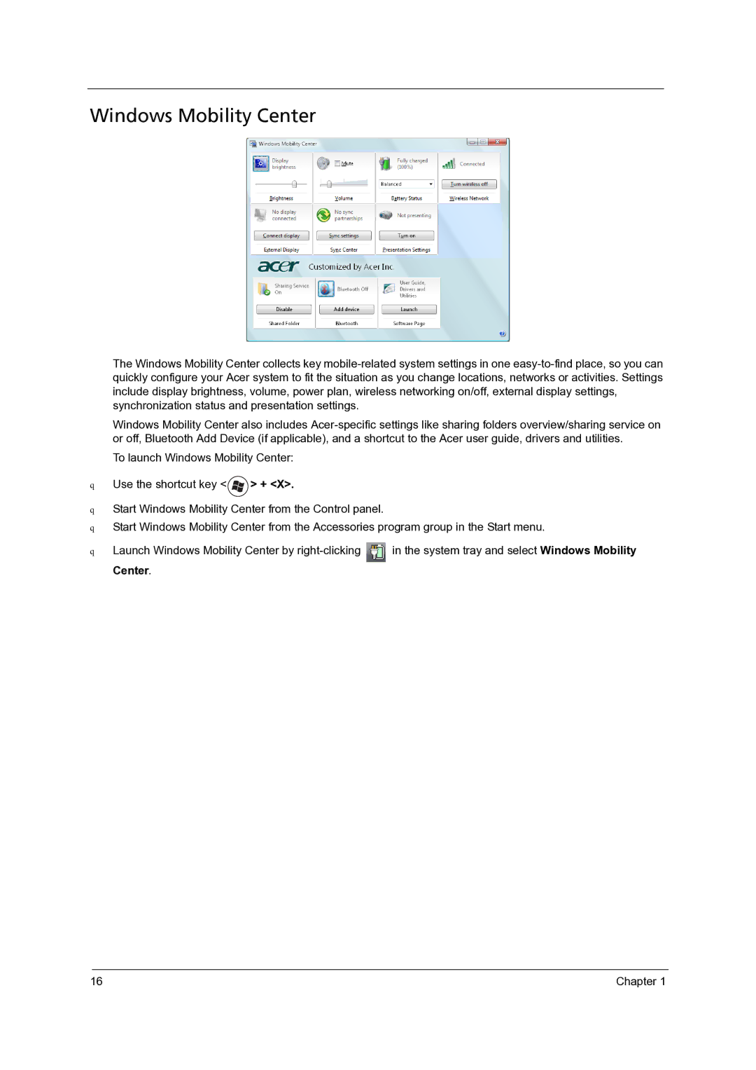 Acer 7540, 7736Z, 7336 manual Windows Mobility Center 