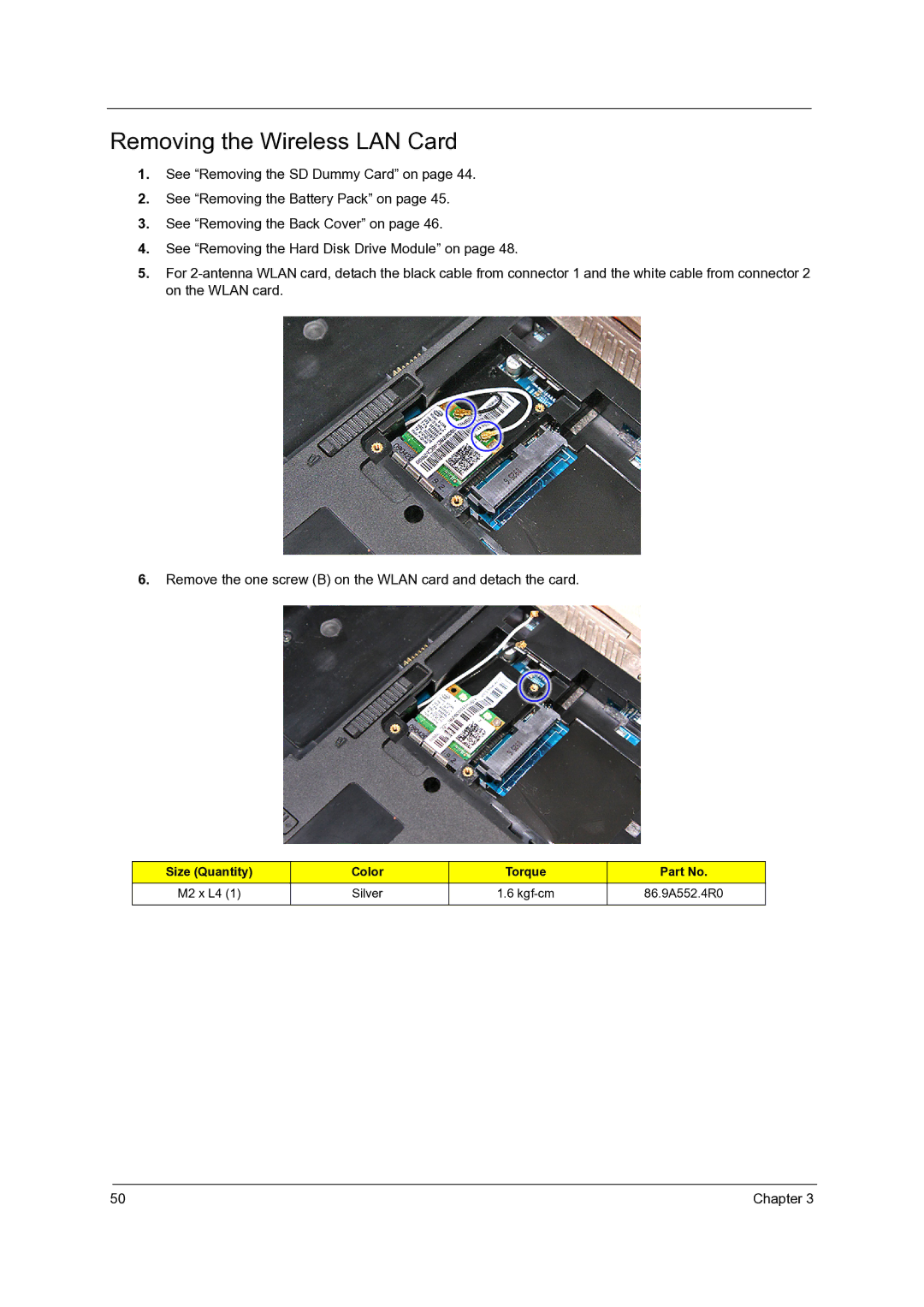 Acer 7736Z, 7540, 7336 manual Removing the Wireless LAN Card 