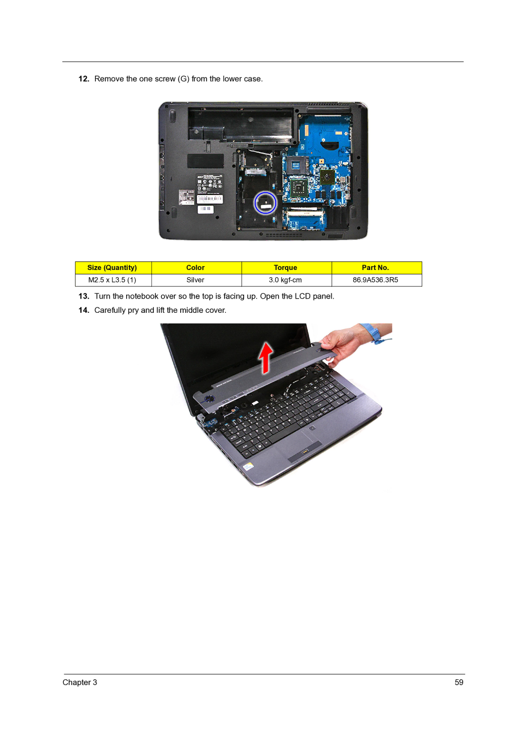 Acer 7336, 7540, 7736Z manual Remove the one screw G from the lower case 