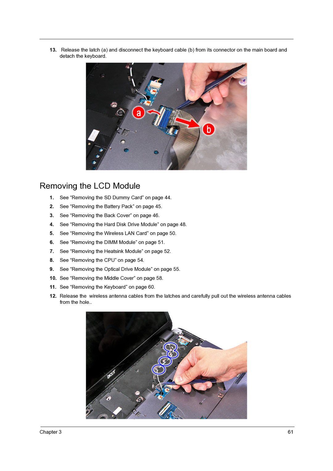 Acer 7540, 7736Z, 7336 manual Removing the LCD Module 