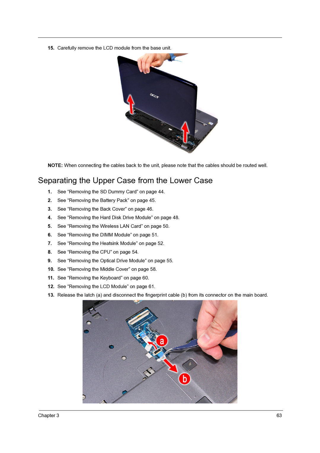 Acer 7336, 7736, 7540 Separating the Upper Case from the Lower Case, Carefully remove the LCD module from the base unit 