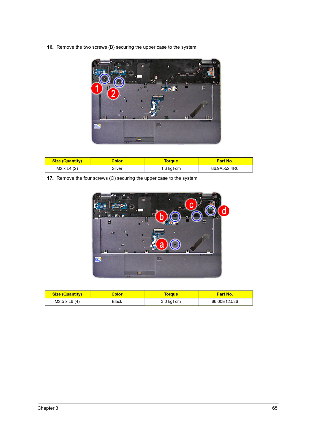 Acer 7540, 7736Z, 7336 manual Size Quantity Color Torque 