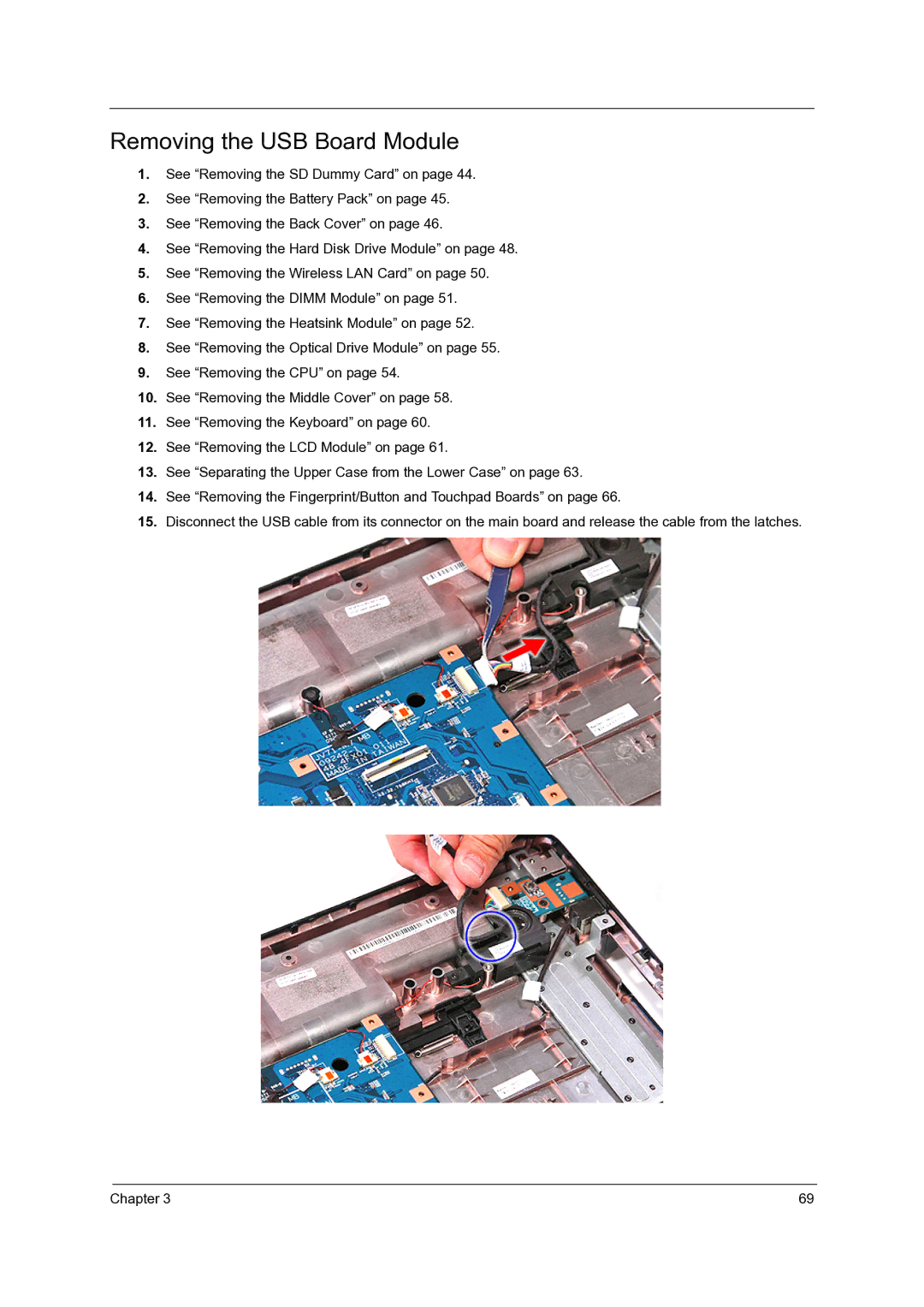 Acer 7540, 7736Z, 7336 manual Removing the USB Board Module 