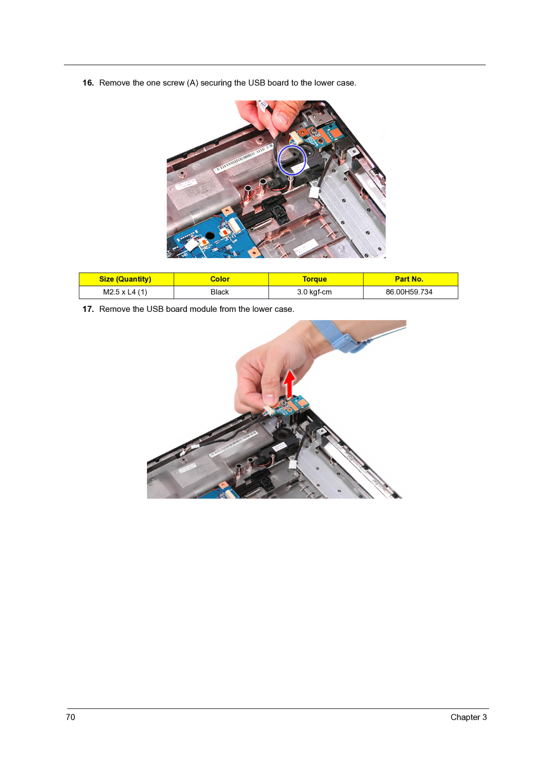 Acer 7736Z, 7540, 7336 manual Remove the USB board module from the lower case 