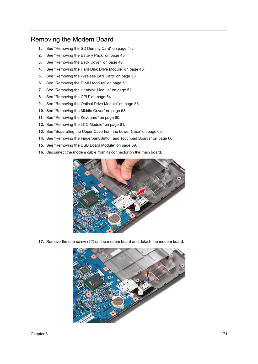 Acer 7336, 7540, 7736Z manual Removing the Modem Board 