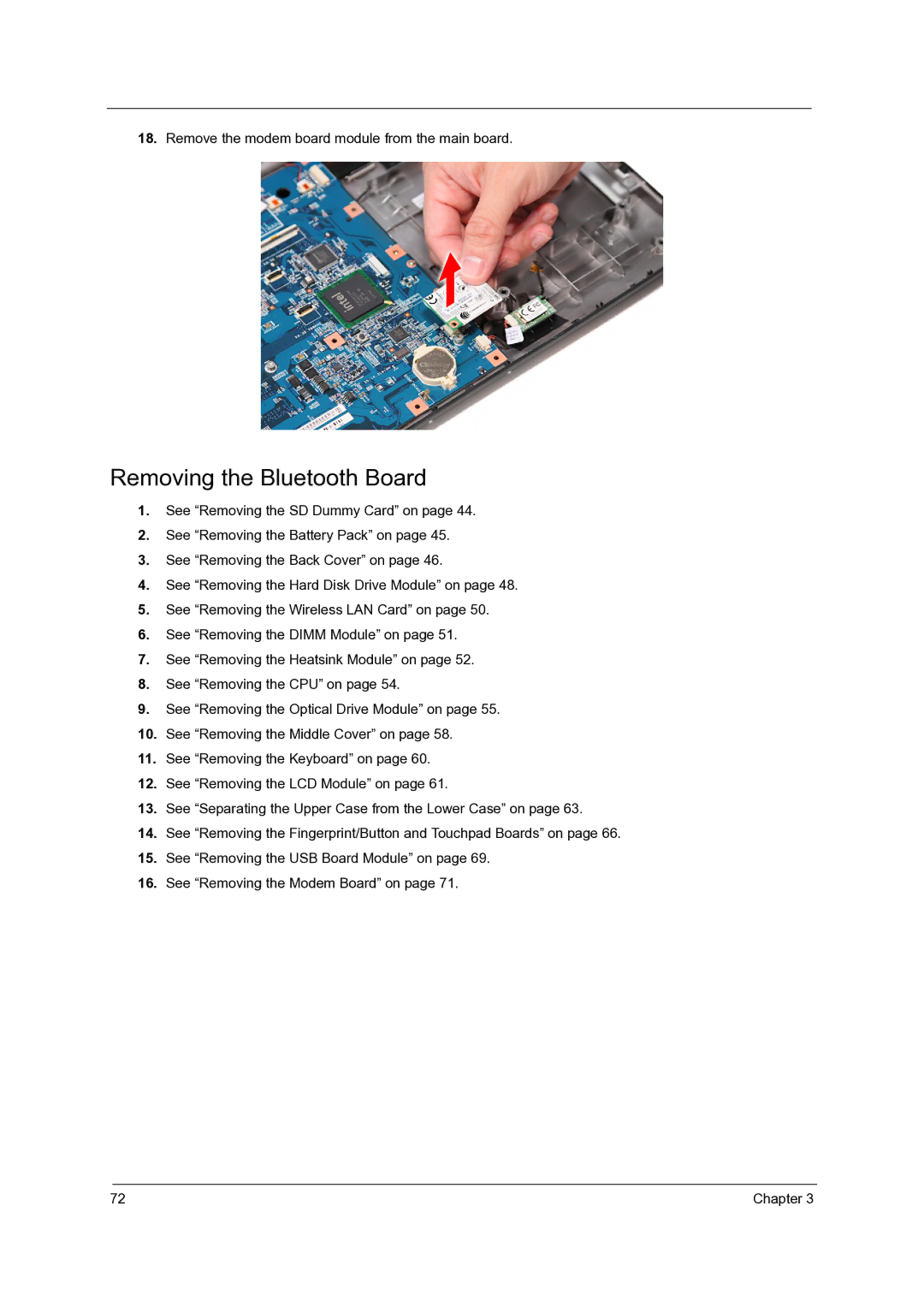 Acer 7540, 7736Z, 7336 manual Removing the Bluetooth Board, Remove the modem board module from the main board 