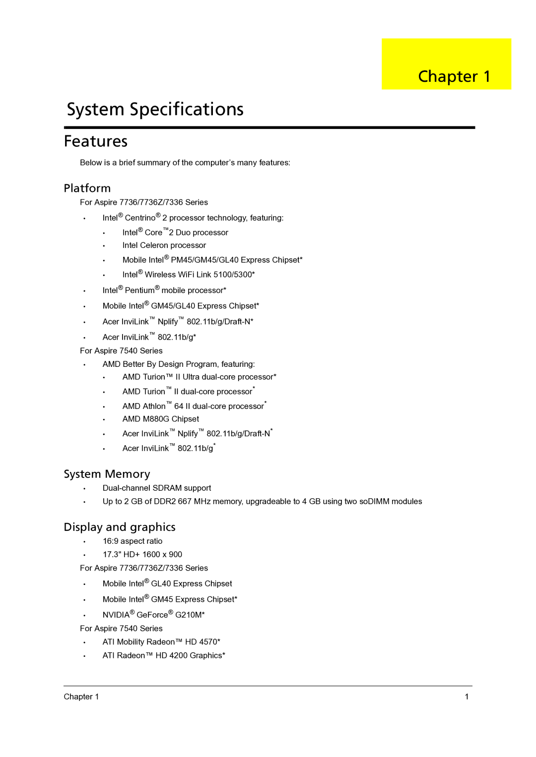 Acer 7540, 7736Z, 7336 manual Chapter, Features, Below is a brief summary of the computer’s many features 