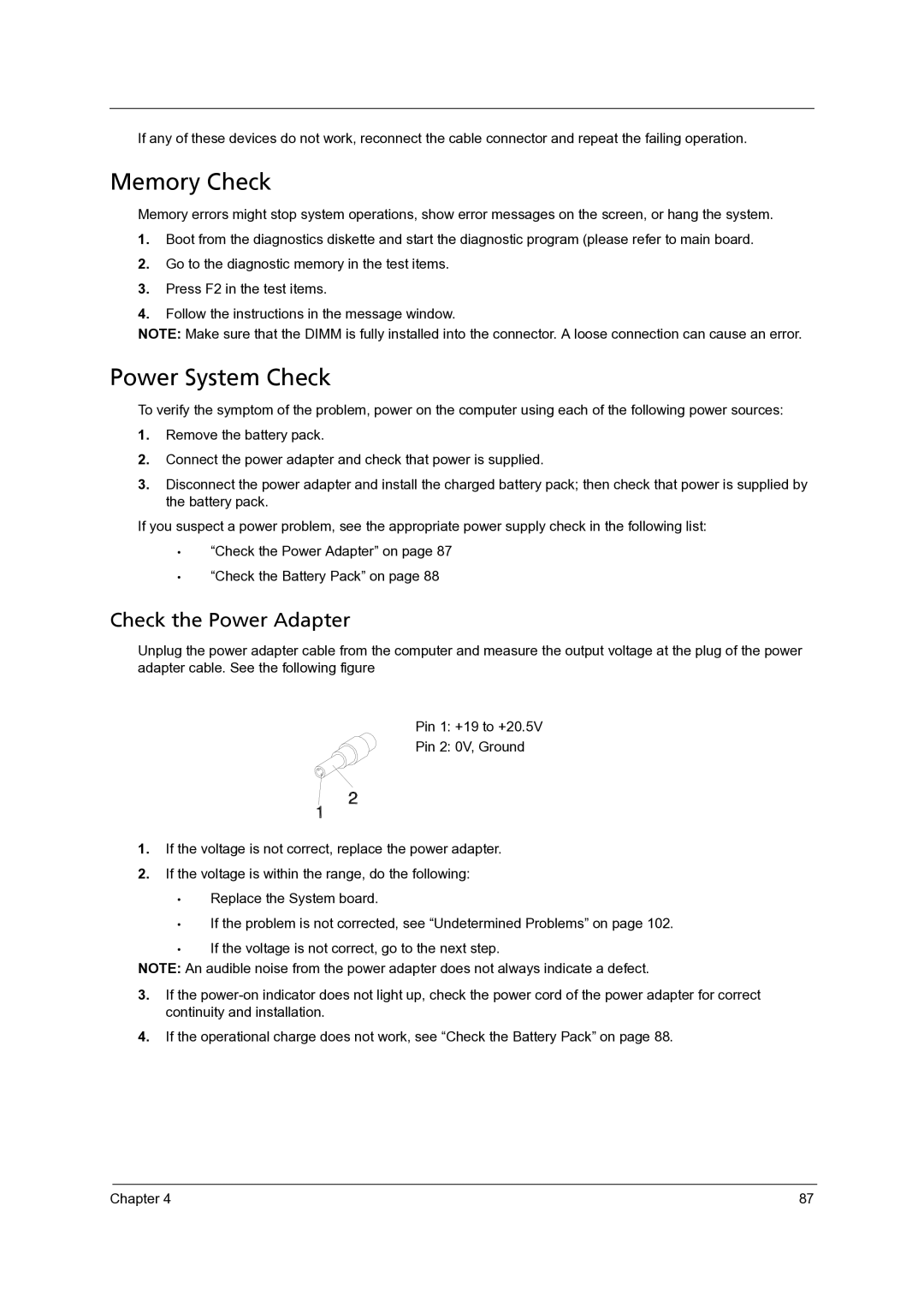 Acer 7336, 7540, 7736Z manual Memory Check, Power System Check 