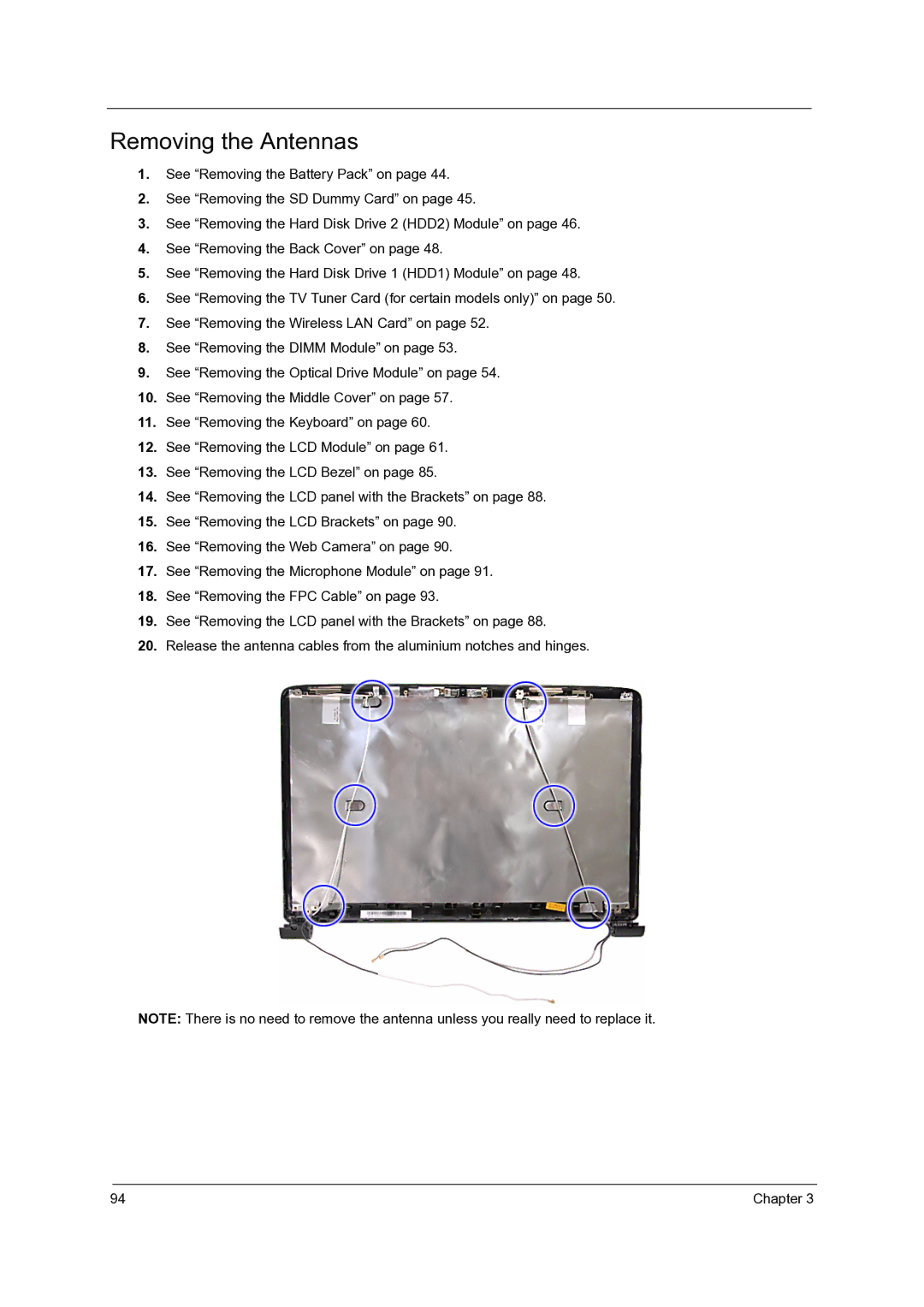 Acer 7738G, 7235, 7735G, 7535G, 7735ZG manual Removing the Antennas 