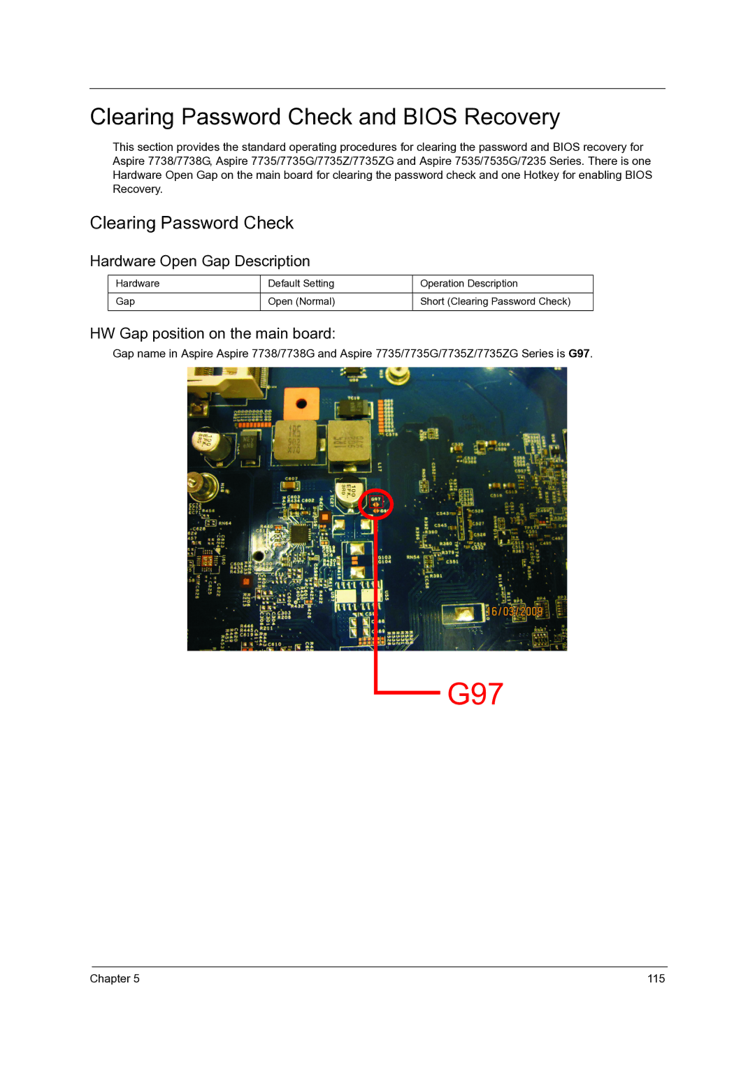 Acer 7235, 7738G, 7735G, 7535G, 7735ZG manual Clearing Password Check and Bios Recovery 