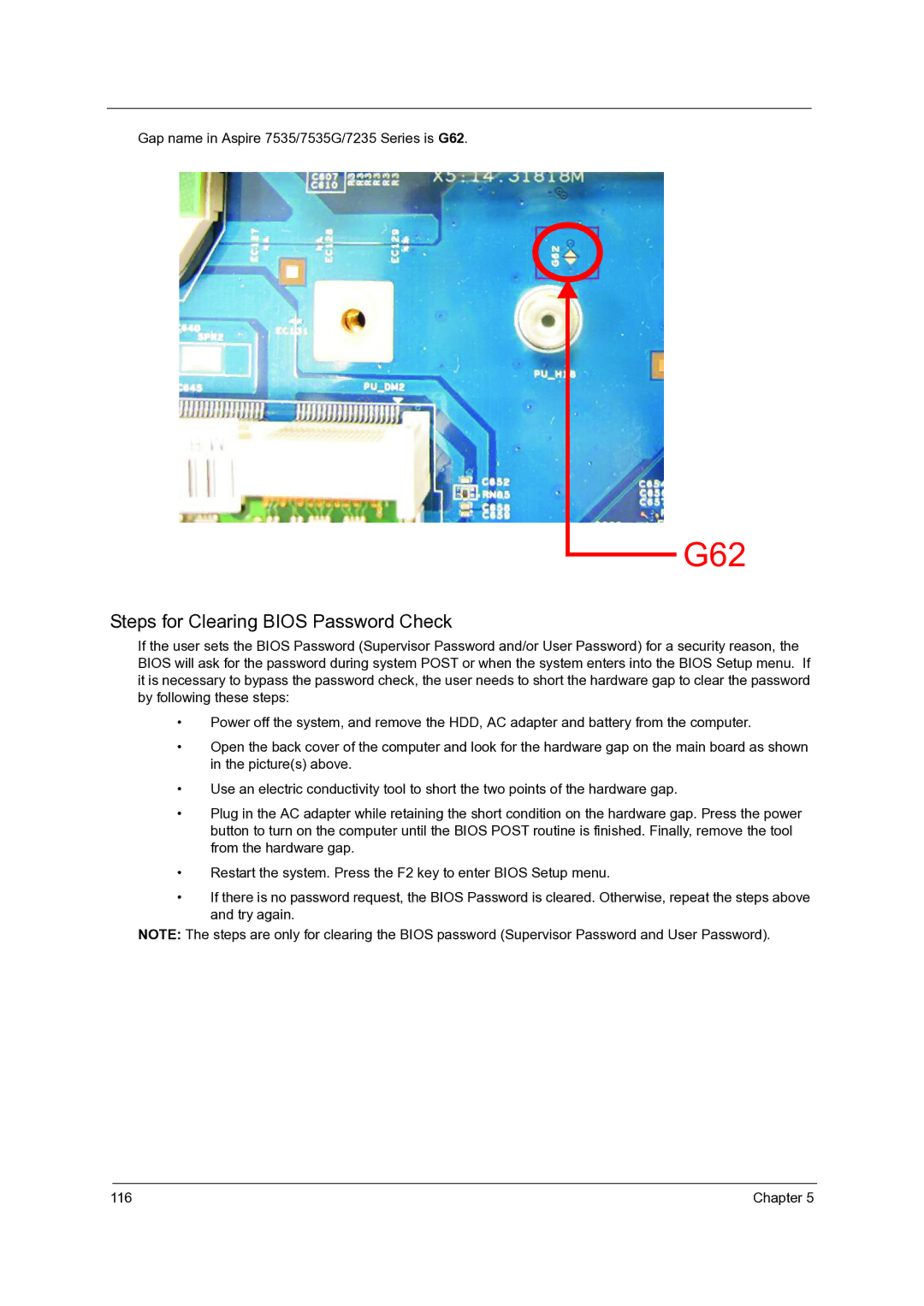 Acer 7735G, 7738G, 7735ZG manual Gap name in Aspire 7535/7535G/7235 Series is G62 