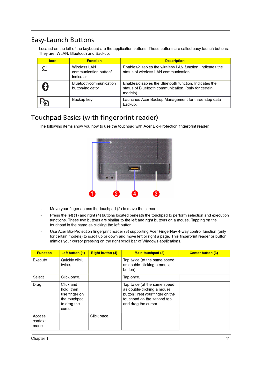 Acer 7235, 7738G, 7735G, 7535G, 7735ZG manual Easy-Launch Buttons, Touchpad Basics with fingerprint reader 