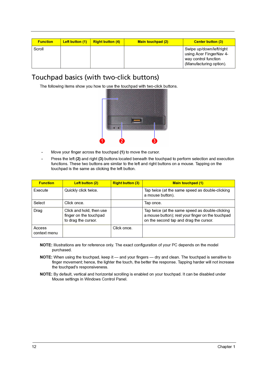 Acer 7735G, 7738G, 7235, 7535G, 7735ZG manual Touchpad basics with two-click buttons 