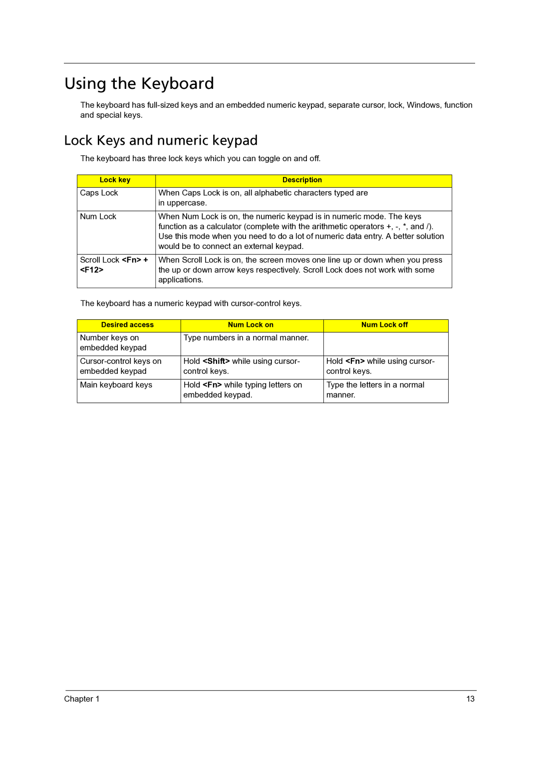 Acer 7535G, 7738G, 7235, 7735G, 7735ZG manual Using the Keyboard, Lock Keys and numeric keypad, F12 