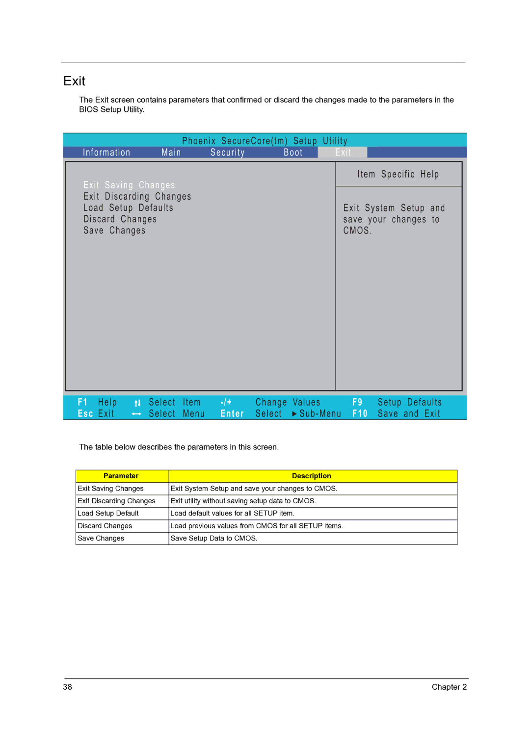 Acer 7738G, 7235, 7735G, 7535G, 7735ZG manual Exit, Table below describes the parameters in this screen 