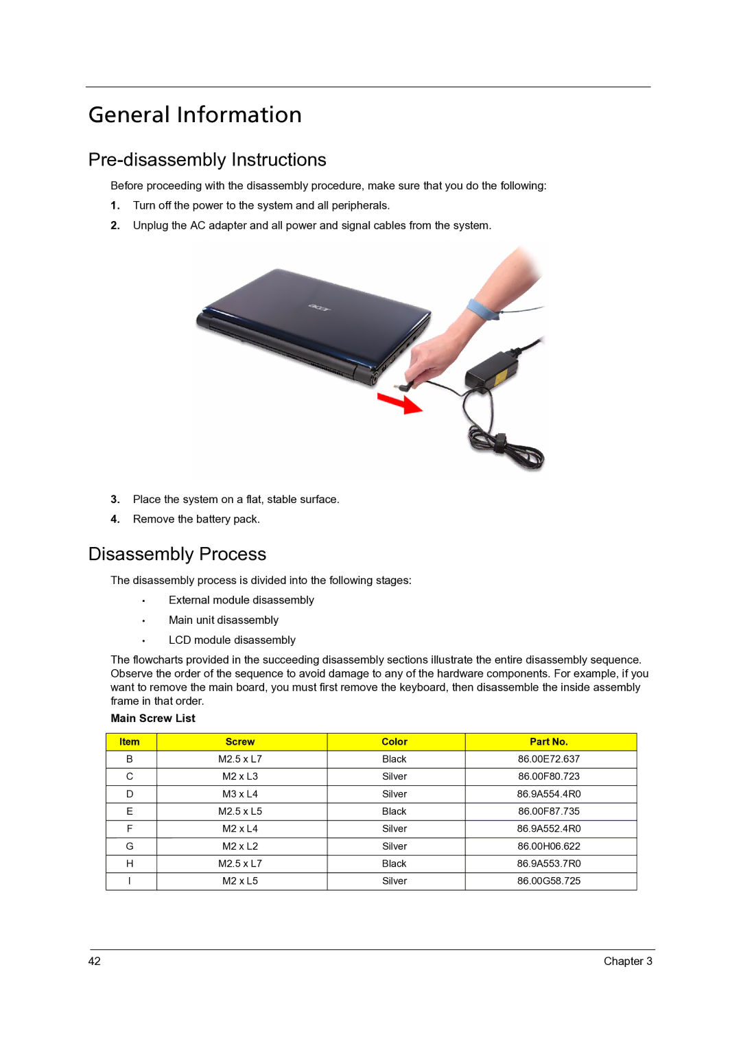 Acer 7738G, 7735Z, 7235, 7735G General Information, Pre-disassembly Instructions, Disassembly Process, Main Screw List 