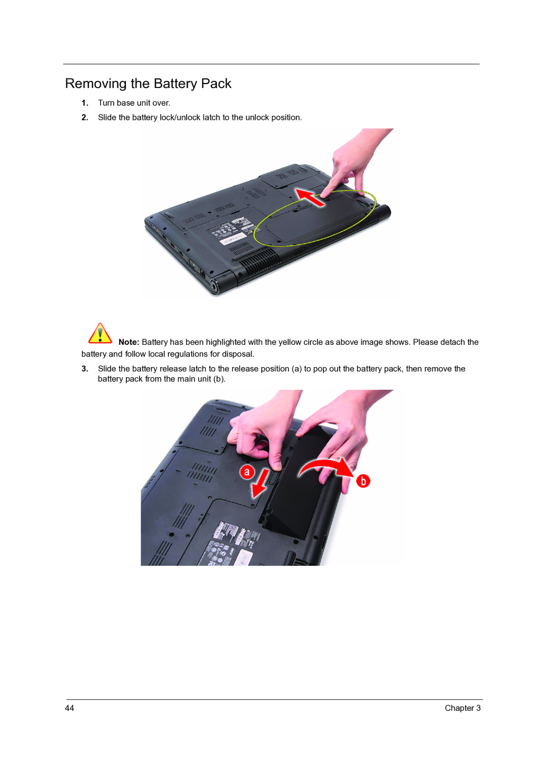 Acer 7735G, 7738G, 7235, 7535G, 7735ZG manual Removing the Battery Pack 