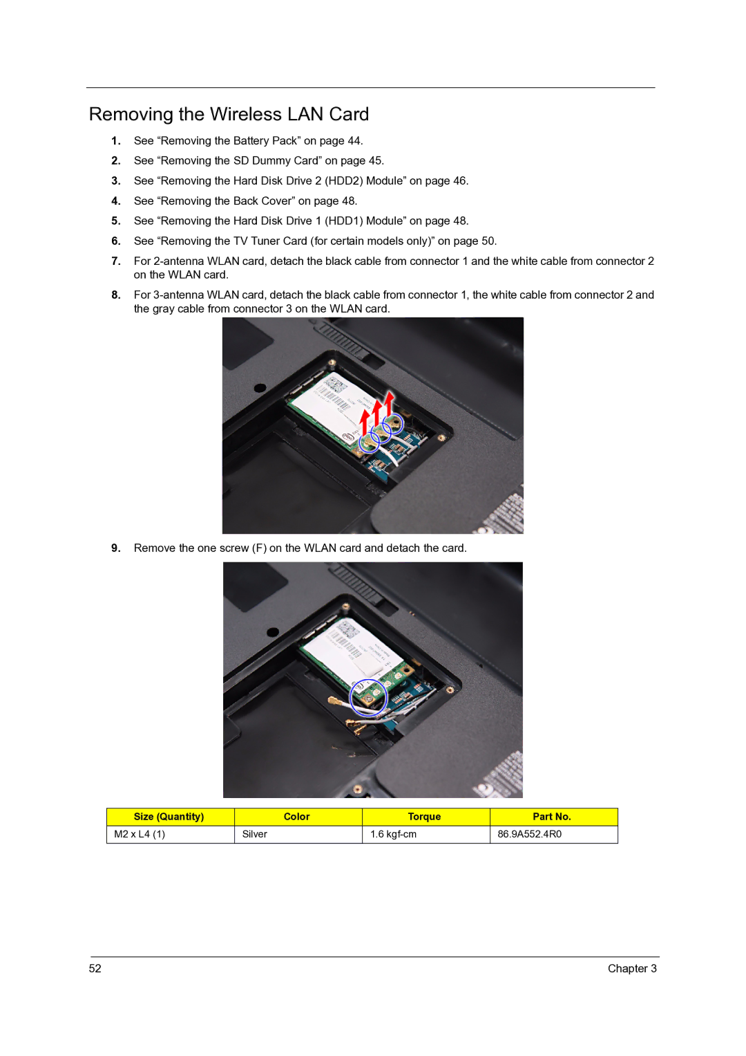 Acer 7735G, 7738G, 7235, 7535G, 7735ZG manual Removing the Wireless LAN Card 