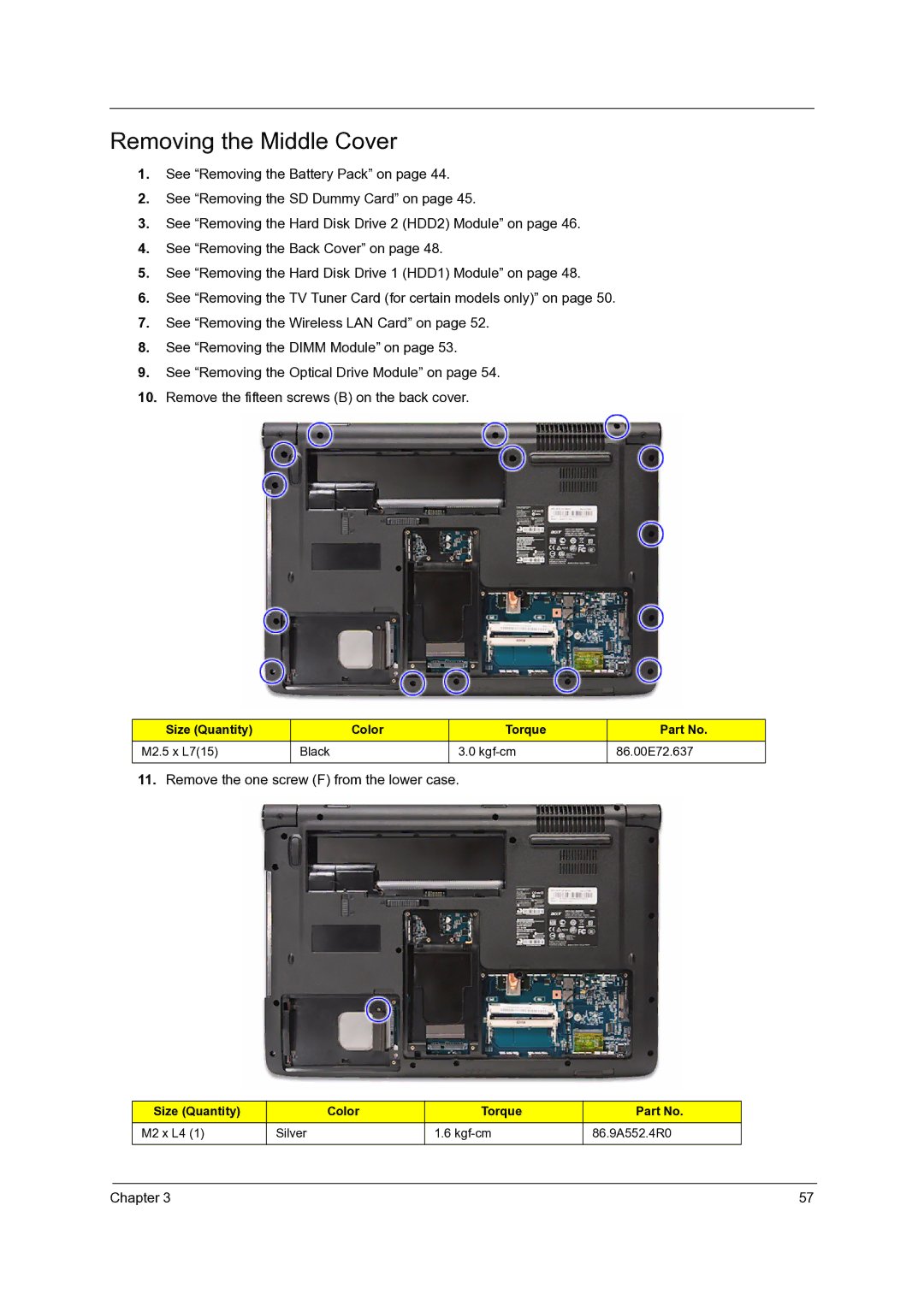 Acer 7738G, 7235, 7735G, 7535G, 7735ZG manual Removing the Middle Cover, Remove the one screw F from the lower case 