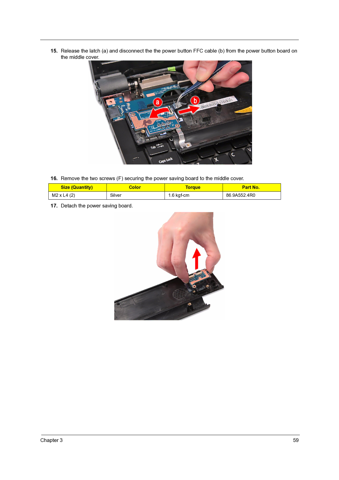 Acer 7235, 7738G, 7735G, 7535G, 7735ZG manual Detach the power saving board Chapter 