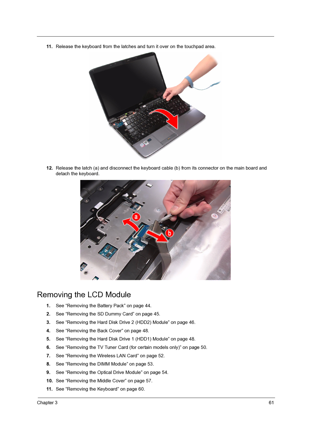 Acer 7535G, 7738G, 7235, 7735G, 7735ZG manual Removing the LCD Module 