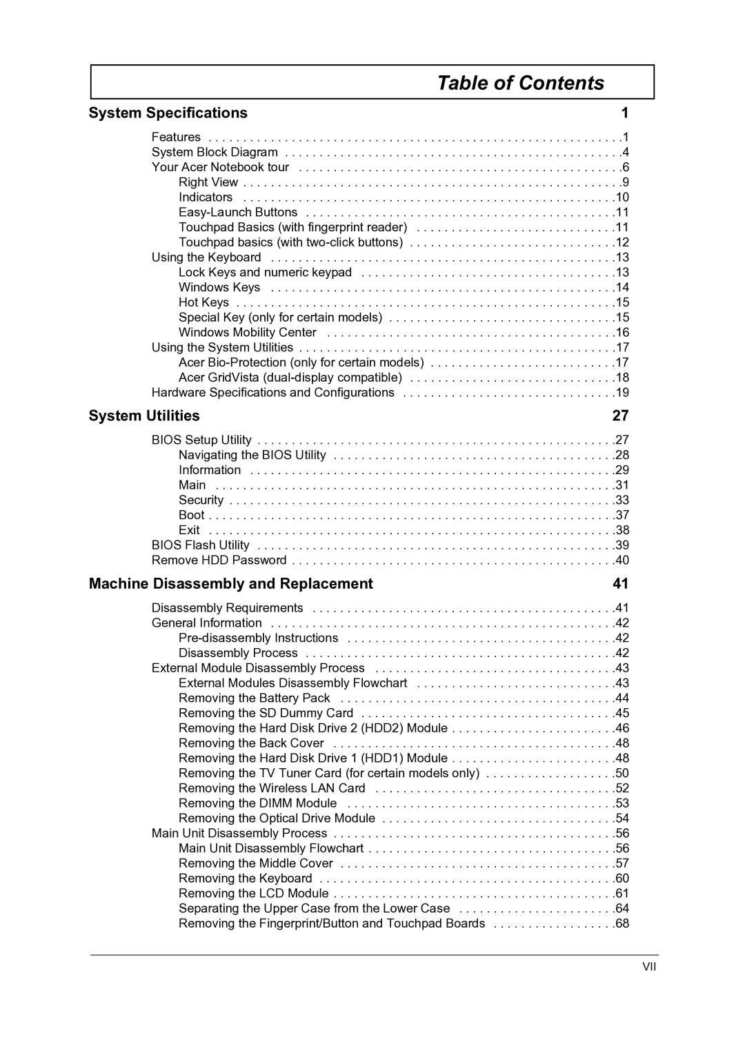 Acer 7735ZG, 7738G, 7235, 7735G, 7535G manual Table of Contents 